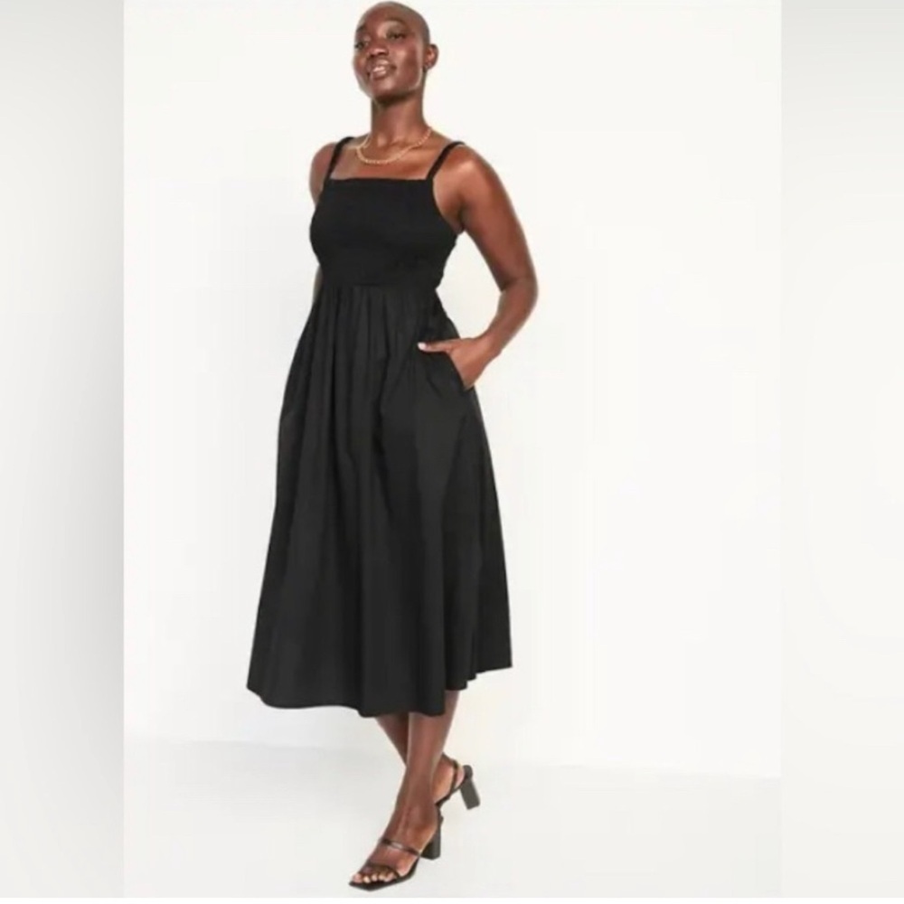 New Old Navy Poplin Cotton Smocked Midi Dress Black M TALL Cottage Prairie